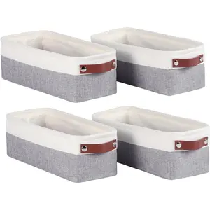 4 count Small Fabric Storage Bins,15x6x5 inch Long Narrow Storage Baskets with PU Handles for Closet,Cabinet,Countertop Organizing Small Items (Gray,15x6x5 inch)