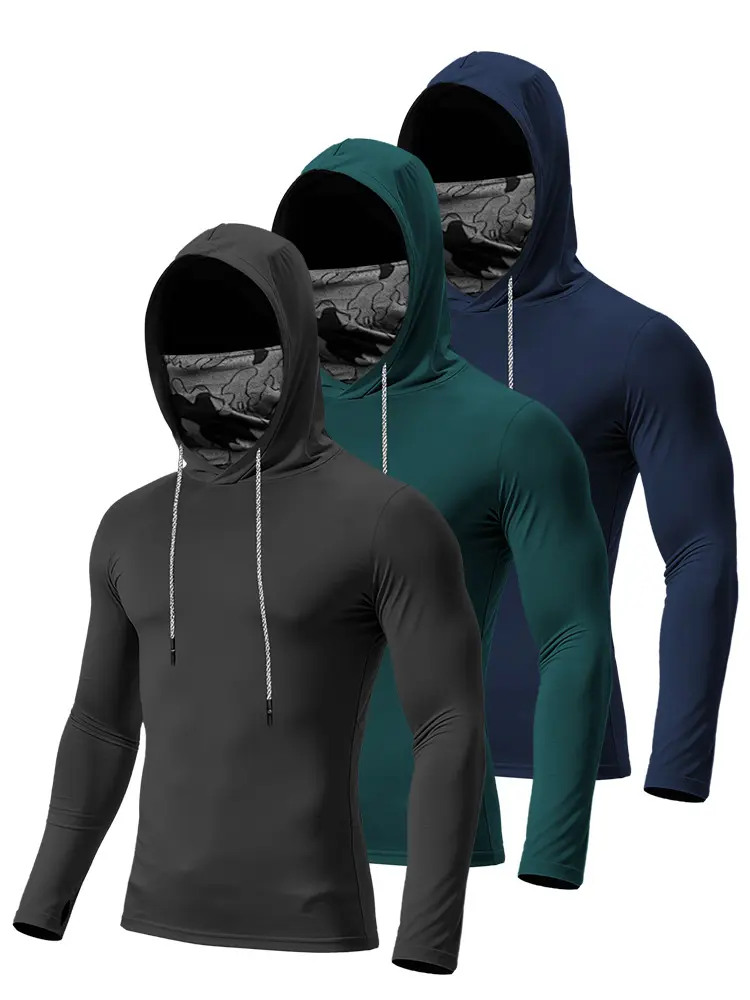3 Pack Men's Quick Dry Athletic Hoodie Shirts with Face Cover, Solid Color Sun Protection Long Sleeve Fishing Shirts, Moisture Wicking Breathable Tops for Fishing, Hiking, Construction Work & Outdoor Sports