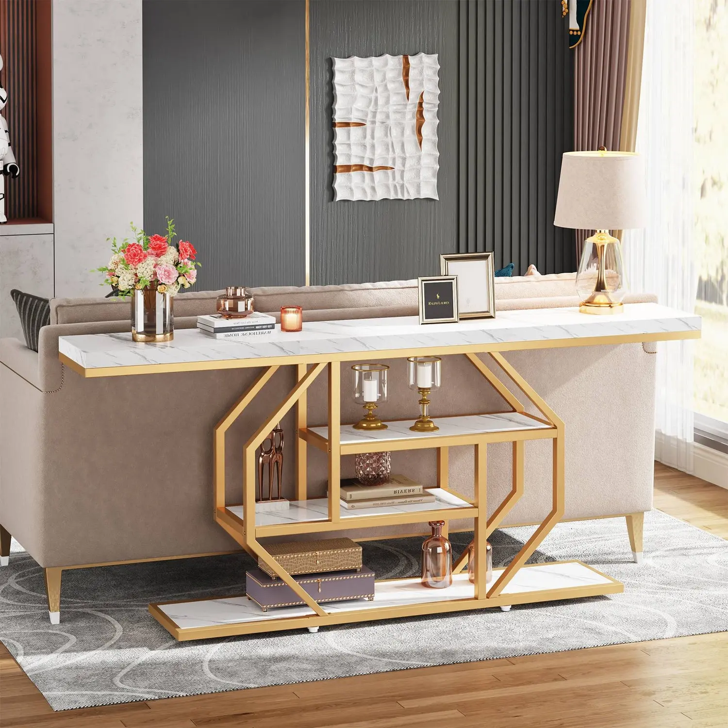 Spaco Extra Long Modern Gold Console Table - Adjustable Height, Faux Marble Tabletop, 4-Tier Storage, Living Room Sofa Accent Piece, Entryway Table, Adjustable Height Table