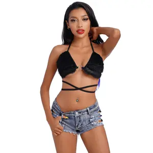 Women's Rave Furry Bra Top Strappy Halter Triangle Bralette Cami Tanks Festival Party Dance Hot Clubwear