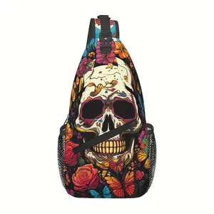 [Made in US] Crossbody Chest Bag Hiking Backpack Colorful Butterflies And Skulls Shoulder Bag Folding Large Capacity Fashion Durable Can Be Used for Shopping, Work, Leisure Travel Beach Bag Fishing Backpack Gothic Bat Messenger