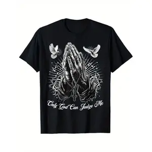 Only God Can Judge Me Prayer Hands Chicano Tattoo Doves T-Shirt Retro Double-Sided Water Wash Vintage Metalcore Graphic Y2K Streetwear Tee