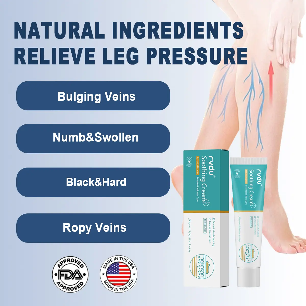 Gentle Ginseng Varicose Veins Cream - Smooth, Lightweight Body Care Moisturizer for Leg Relief, Pain & Swelling Relief, Vein Repair - External Use Soothing Massage Lotion - 30g, Turmeric, Scent, Daily, Botanical Herbal Body Lotions & Creams