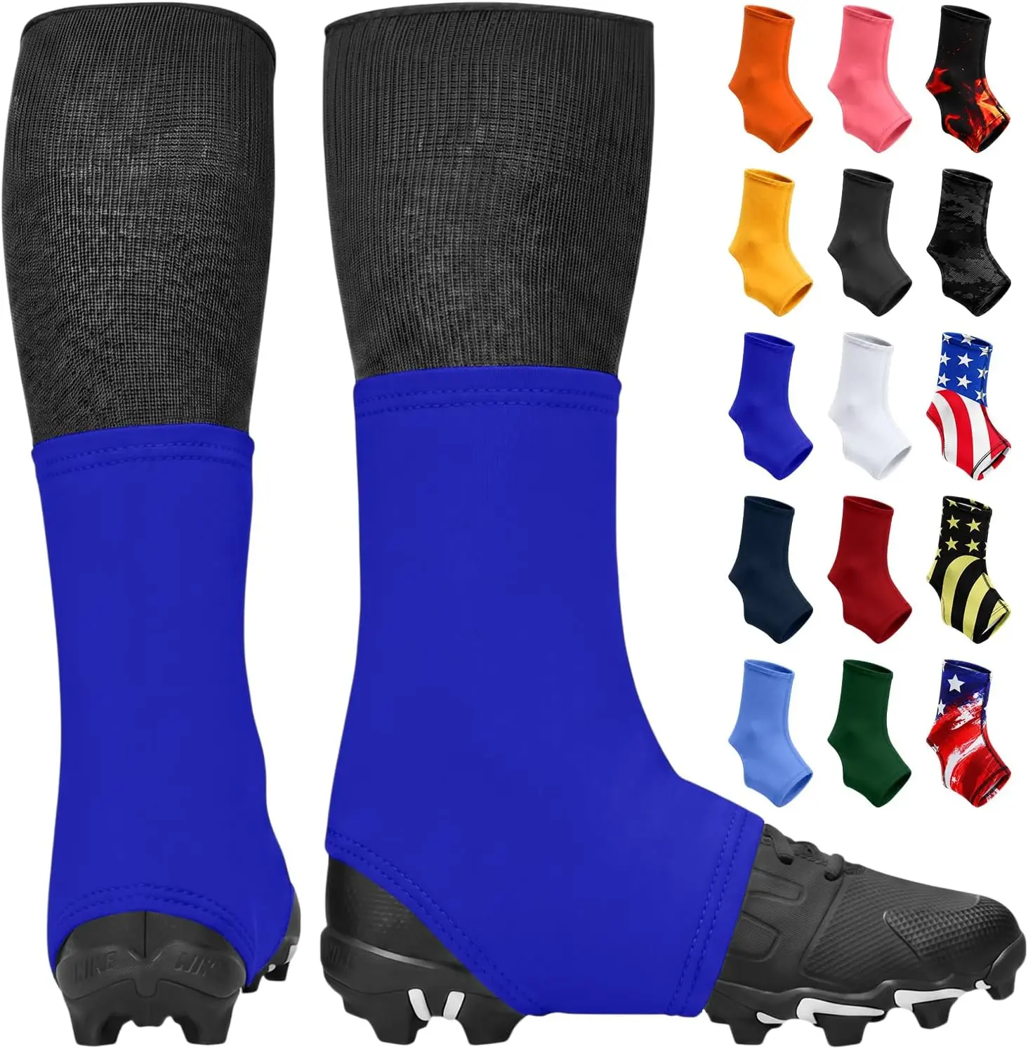 Exxact Sports Men's Football Spat Cleat Covers, Royal Blue 88% Polyester Blend with Sublimated Graphics, Protective Lace Cover Sleeves, Machine Washable, Easy To Clean, 12% Spandex, Football Accessories, Male, Sublimated Print, 18 Unique Designs, Multi-Si