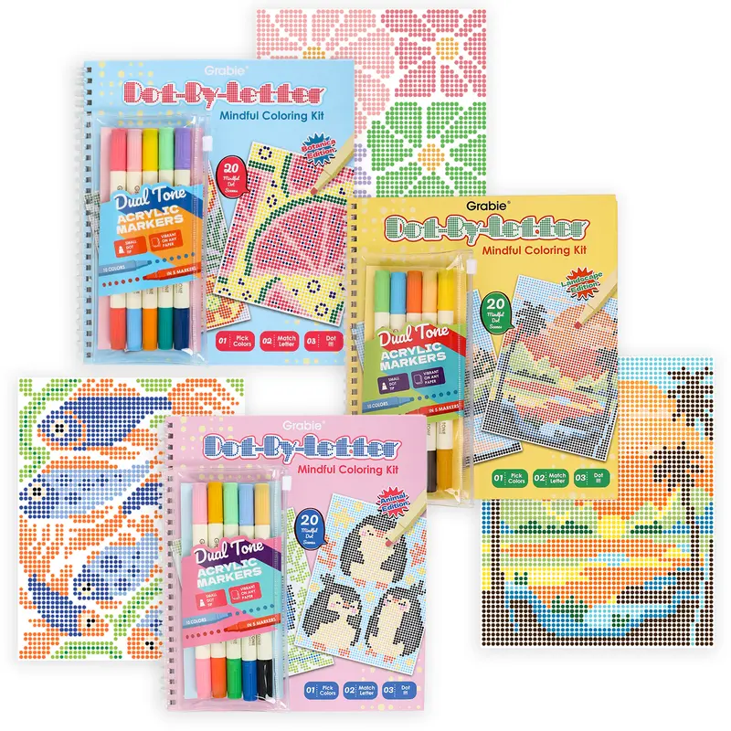 Grabie New Dot-By-Letter Mindfulness Coloring Kit - Acrylic Paint Markers, Dual-Tone Set, 20 Scenes, Hobbies Kit for Adults, Craft Supplies for Adults, Office Art Supplies, High Detail