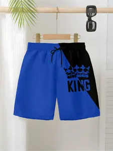 Boys' King Crown Shorts, 3D Embossed Letter Drawstring Casual Pants, Summer All over Print Slim-Fitting Shorties