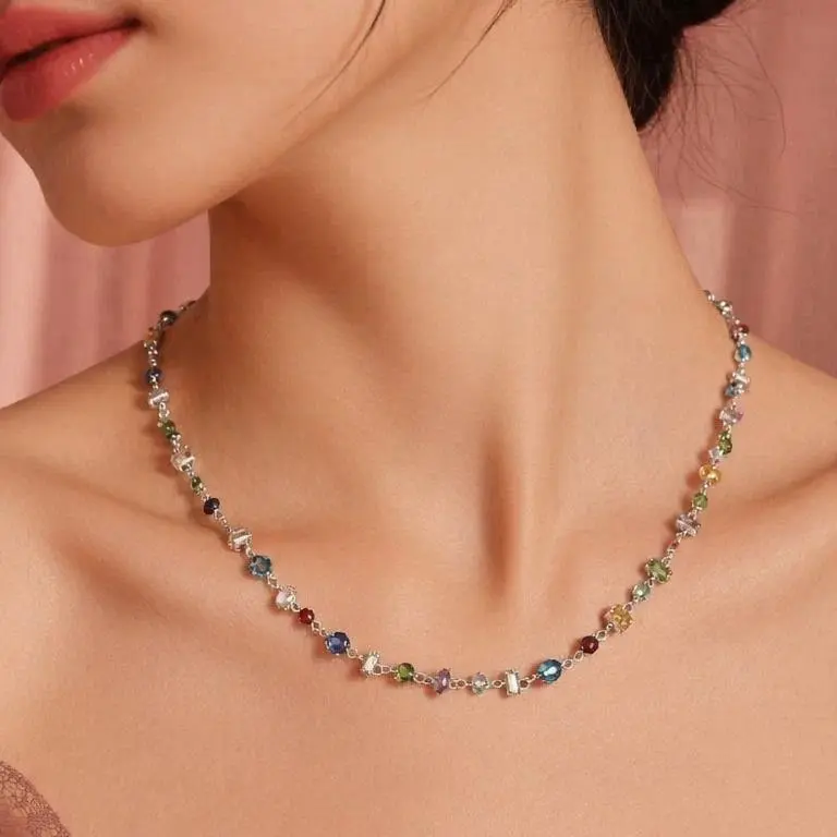 Women's Rainbow Choker Necklace - Multicolored Cube Design with Colored Crystals, Crystal Stones, Decorative Rhinestones, Rhinestone Aesthetic, Trendy Fashion Accessory, Colored Crystals Necklaces