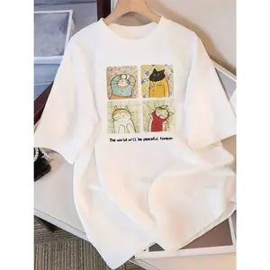 Boys 3-13 Years Soft Cotton Cat Print T-Shirt - Cute Maneki-Neko Cat & Number 7 Design Short Sleeve Tee, White Casual Summer Top for, Ideal Gift for Boys (Machine Washable)