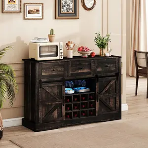 COSTWAY - 52 Inches Wine Bar Cabinet with LED Lights and Sliding Barn Doors-Black