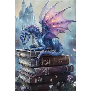 1PCS Diamond Painting Kit Fantasy Dragon on Books with Purple Wings and Castle DIY Rhinestone Embroidery