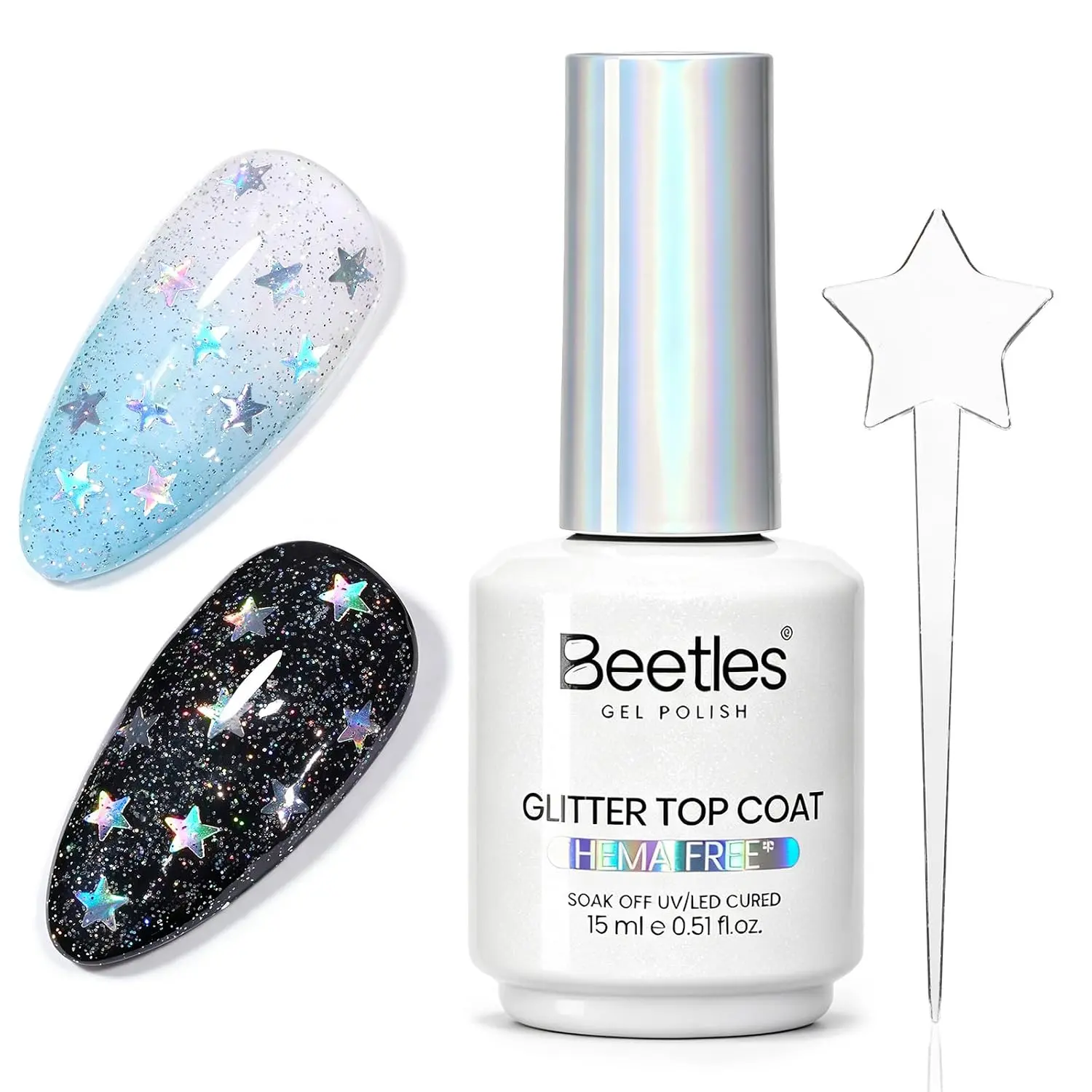 Beetles Starry Night Glitter Gel Top Coat, 15ml No Wipe UV LED High Gloss Sparkle Finish, Non-Yellowing Clear Gel Top Coat for Any Color DIY Nail Art Manicure
