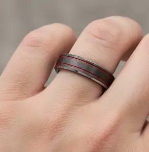 Red Tungsten Wedding Band Black Band, Women's Wedding Ring, 6mm Black Tungsten Ring, Firefighter Ring, Wire Brushed Finished, Men's Anniversary Ring, Red Line Textured Black Ring