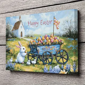Easter Bunny canvas wall art, featuring a vintage trolley and colorful eggs scene, an inspiring framed print, perfect for home décor and holiday gifts.