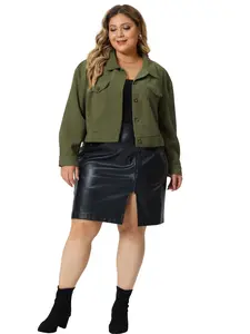 Agnes Orinda Plus Size Corduroy Button Down Long Sleeve Cropped Shacket Jacket