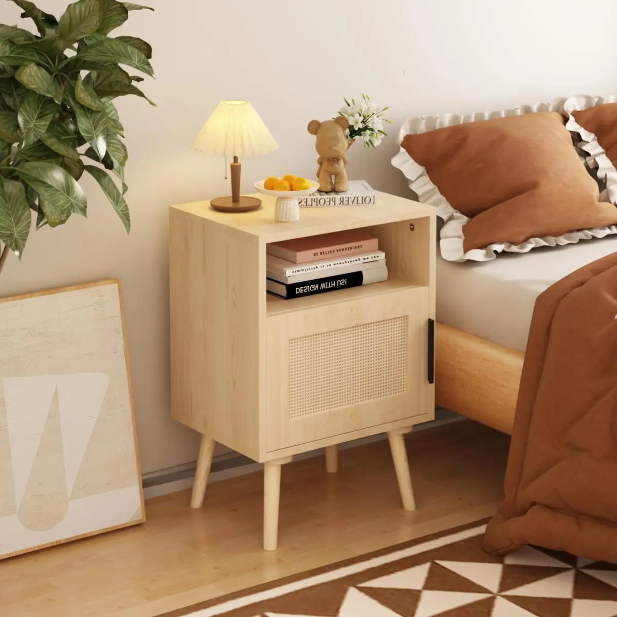 Boho Rattan Nightstand - Handmade, Contemporary, Decorated Dual-Use Flat-Top Bedside Table with Drawer, Open Shelf, Oak Wood-Texture & Solid Wood Legs for Bedroom, Living Room, Contemporary Bedside Tables, Decorated Bedside Tables