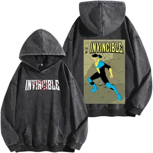 Invincible S4 Conquest Washed Hoodie Vintage Black, Superhero Anime Comic Streetwear, Retro Power Character Graphic Fan Apparel