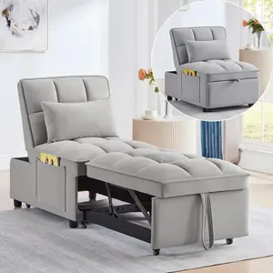 Convertible Sleeper Chair Sofa Bed with Adjustable Backrest, Pillows & Storage Pockets, 3 in 1 Pull-Out Couch Chaise Lounge Recliner for Living Room Balcony Bedroom, Grey