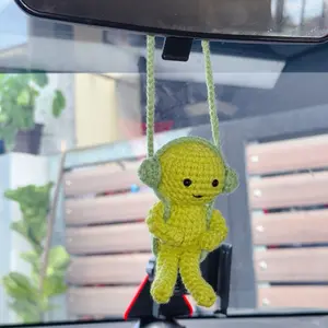 Smiski Crochet Hanging Car Charm – Cute Green Amigurumi Hanging Doll for Rearview Mirror, Handmade Plush Toy Decor, Funny Gift for Car or Desk Lovers