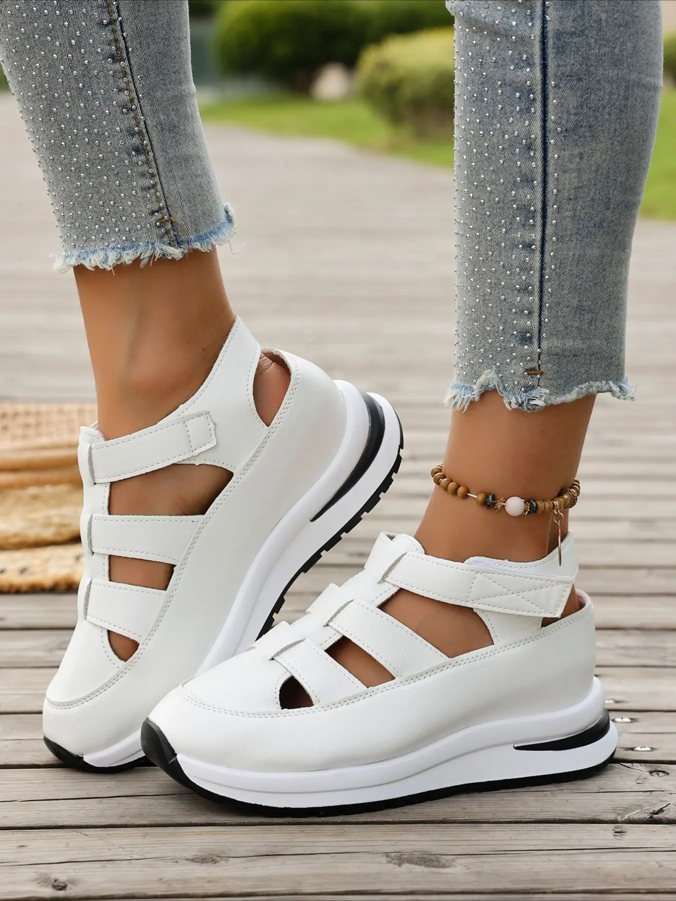 Women's Casual Sandals, Pu Leather Sandals, Velcro Platform Hollow-out Comfort Sports Slippers, Outdoor Leisure Shoes, Footwear Slides