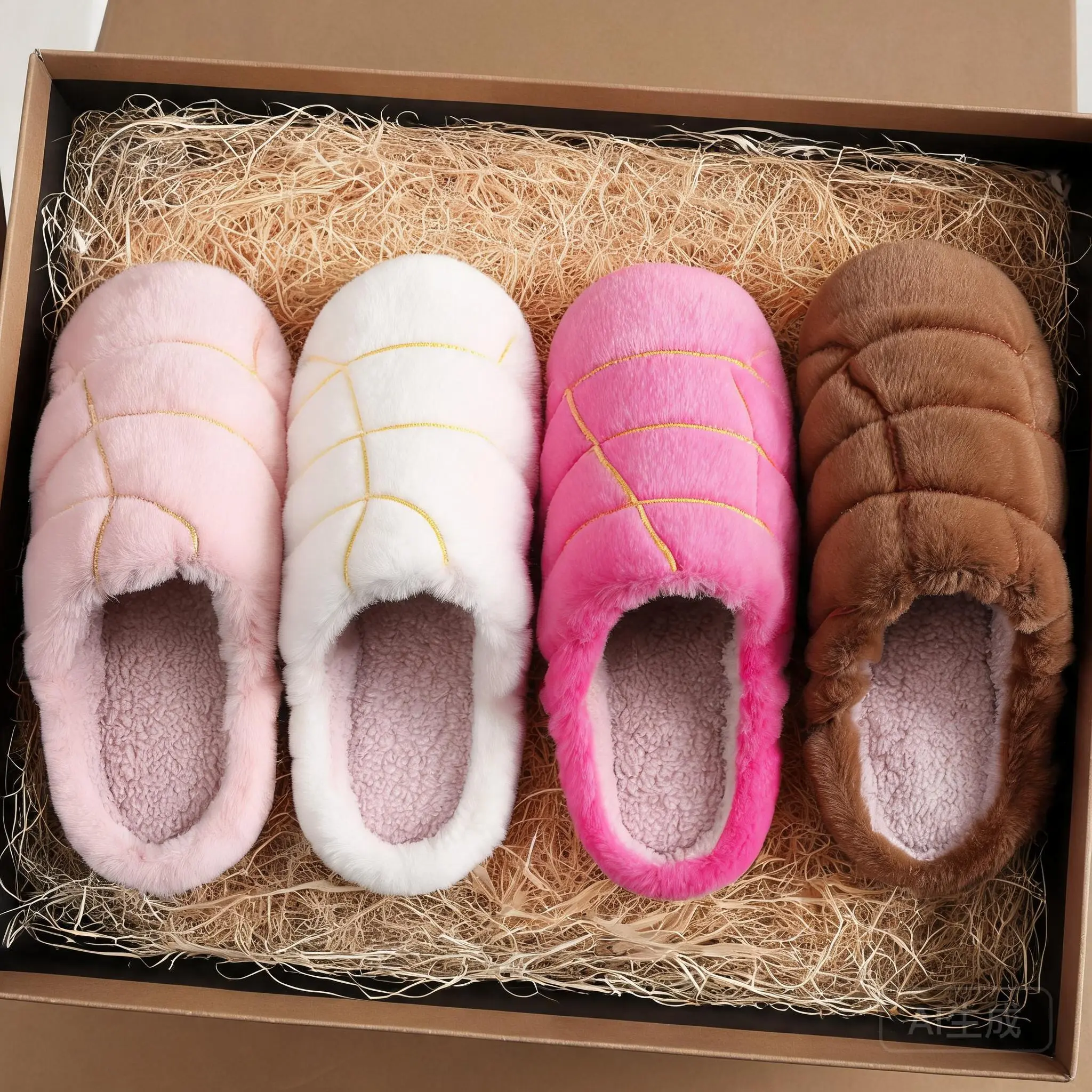 Women's Cute Concha Bread Design Slippers - Cozy Fuzzy Slide-On Ankle Shoes, Anti-Slip Striped Plush, Retro Basic Casual Women's Home Slippers for Autumn Winter Indoor/Outdoor Surfaces, Pink, Slippers For Women, Home Shoes