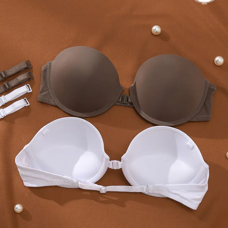 2PCS Women's Front Buckle Strapless Underwire Demi Balconette Natural Lift Bra,Deep V Supportive Push Up Balconette Non‑slip Detachable Adjustable Straps Comfortable Fit Breathable,for One-Shoulder Dresses Backless Underwear Balconette Bras