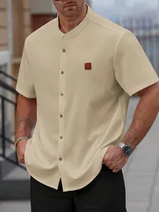 Plus Size Men's Casual Henry Shirt with Stand Collar Short Sleeves, Ideal for Outings and Dates, Summer Fashion Statement