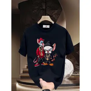 Trek Gear Lab  T-Shirt  Men's jumping cartoon animal print shirt, casual round neck short sleeve top, polyester knit fabric, slightly stretchy, regular cut, suitable for summer street running and daily wear, plus size