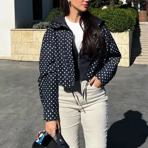 Women's Jackets White Polka Dot Cropped Jacket Female Long Sleeve Casual Zip Up Coats 2026 Spring Summer New Blue Outerwears