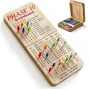 Score Board for Phase 10, Thicken Real Quailty Hardwood Oak Scoreboard with 6 Colored Pegs Wooden Score Sheets Tracker Board Party Family Night Oak Accessories Board