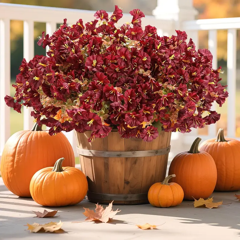 10PCS Outdoor Fall Fauxt Flowers UV Resistant Morning Glory Artificial Flowers Eucalyptus Plants for Autumn Garden Patio Window Box Planter Home Decor (Burgundy)