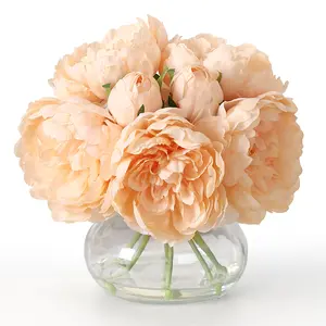 Artificial Peony Flowers in Glass Vase, Faux Peony Bouquet with Faux Water, Fake Peonies Floral Arrangement for Table Centerpiece, Wedding Decor