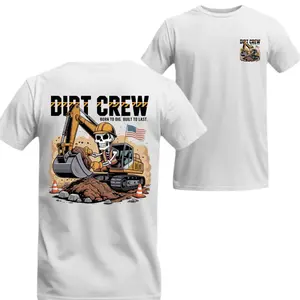 Dirt Crew Skeleton T-shirt – White Soft Cotton Tee with Excavator Graphic, Patriotic Construction Worker Theme for Men, Bold Jobsite Apparel and Heavy Equipment Operator Gift Idea.