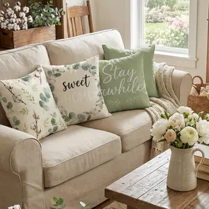 Set of 4 Farmhouse Cushion Covers | Botanical Eucalyptus Print & Home Quote Design | Sage Green Linen Pillow Covers for British Living Room 0126B