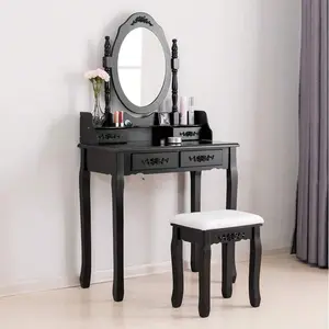 Table,Makeup Dressing Table With Oval Mirror,Bedroom Vanity Set W/Cushioned Stool 4 Drawers Women Girls Kids Blac White wooden