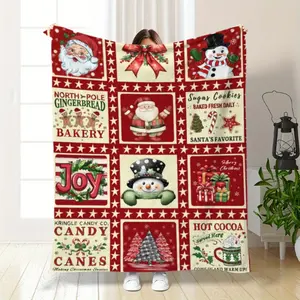 1 Vintage Plaid Christmas-Themed Flannel Blanket | Cozy & Soft Polyester Throw with Festive Elements | Ideal for Sofa, Bed, Car, Office, Camping & Travel | Machine Washable, All-Season Gift