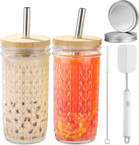 2 Pcs Glass Cups Set - 24Oz Mason Jar Drinking Glasses with Bamboo Lids & Straws & 2 Airtight Lids, Cute Reusable Smoothie Cup, Iced Coffee Glasses, Travel Tumbler for Bubble Tea, Juice ASANMEYO