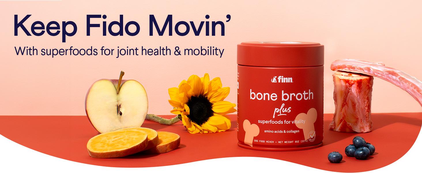 FINN Bone Broth Plus Superfood Meal Topper for Dogs – Joint & Mobility Support Packed with Collagen & Amino Acids – Only 6 Ingredients | Powdered Meal Topper Supplement for Dogs