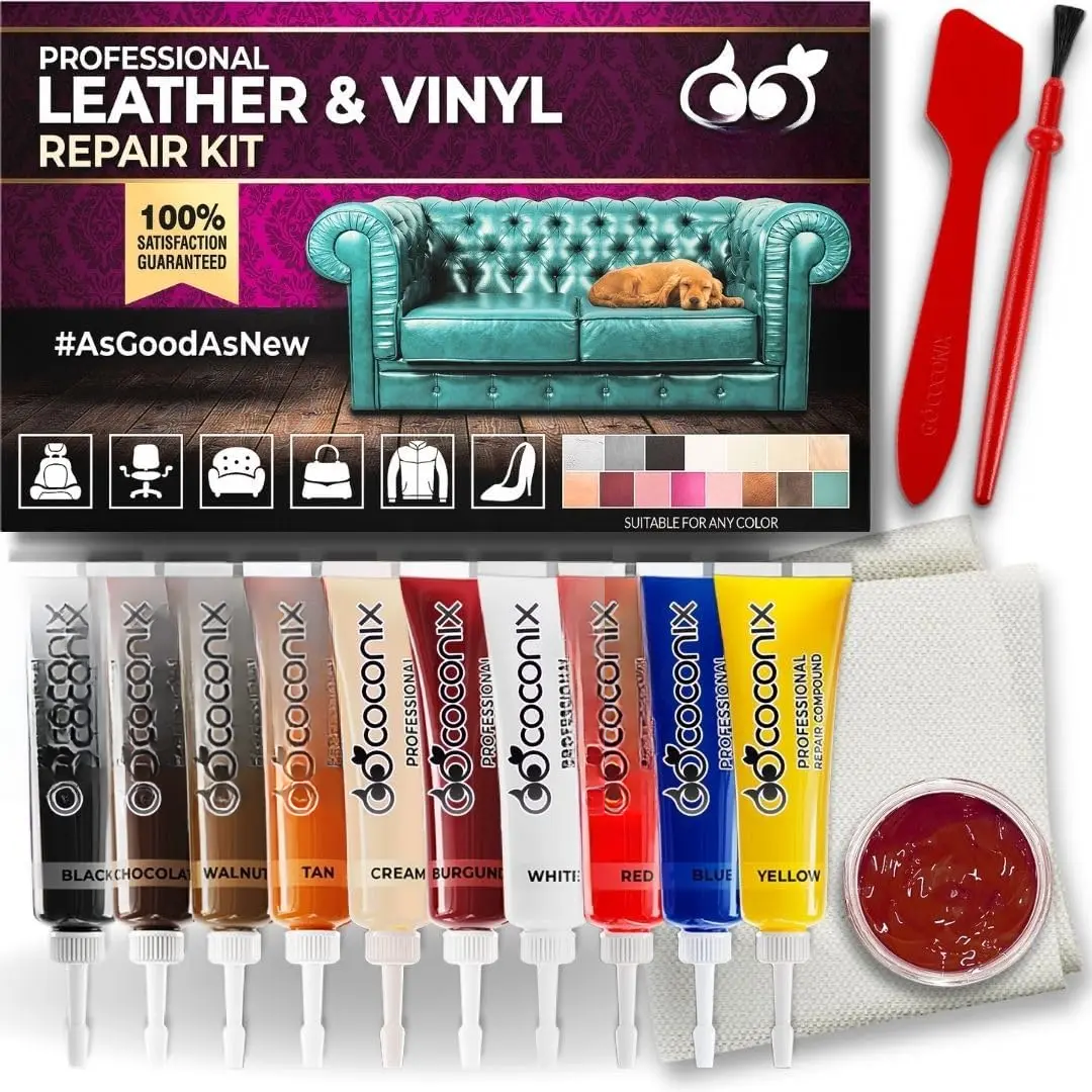 Leather & Vinyl Repair Kit | Fix Tears, Holes, , and Peeling on Leather and Vinyl Furniture, Car Seats, and Jackets | Easy Application with Customizable Colors