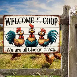 8x12 Inch Distressed Vintage Metal Tin Sign, Cartoon Big-Eyed Rooster Welcome To Our Coop Plaque, Faux Wood Slat Background Farm Coop Barn Patio Wall Decor, Whimsical Birthday & Housewarming Gift For Backyard Chicken Raisers