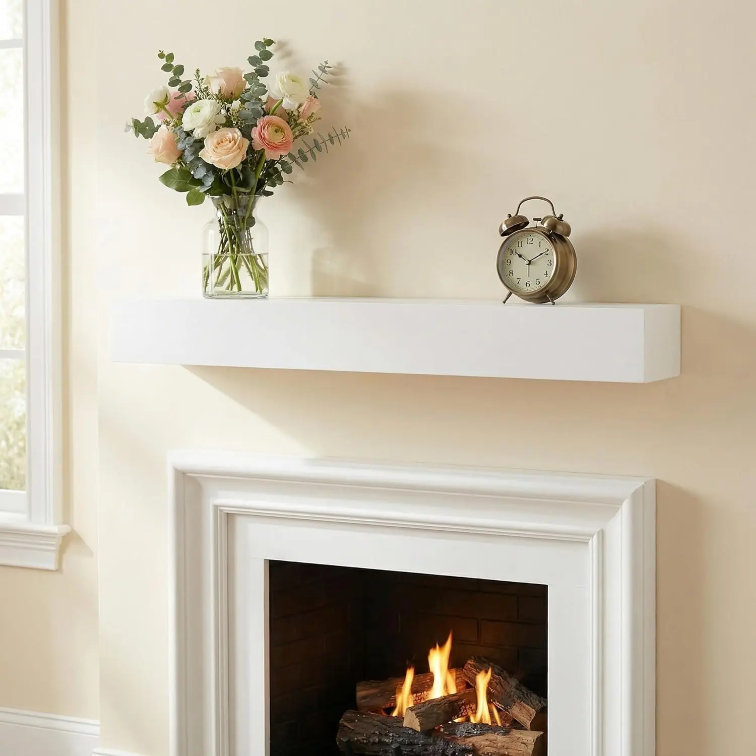 60-Inch Paulownia Wood Decorative Fireplace Mantel Shelf, Wall-Hanging Floating Shelf with Invisible Hollow Metal Bracket, Modern Farmhouse Home Decor for Living Room, 70lbs Load Capacity, Easy Assembly, Shelves, Invisible Mount