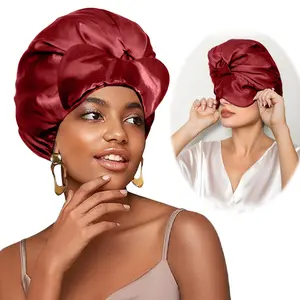 1Pcs New Fashion Luxury Silk Sleep Bonnet with Eye Mask 2-in-1 Double Layer Design Comfort & Hair Skin Care for Women Hair Bonnet for Sleeping 99j Burgundy