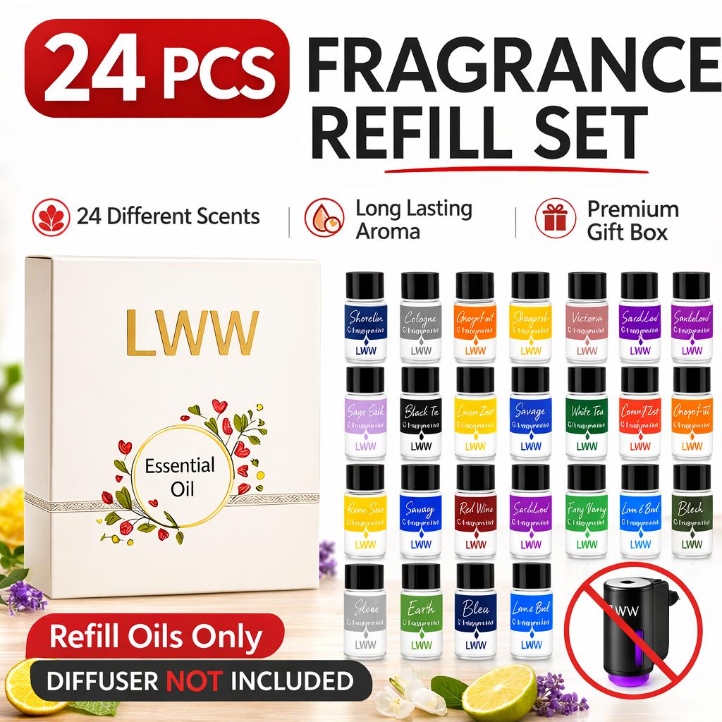 LWW Essential Oil Set 24-Pack 10 mL Each Assorted Scents for Diffuser & Car Freshener Refill Home Office Aroma Fragrance LWW Essential Oil Set 24-Pack 10 mL Each Assorted Scents for Diffuser & Car Freshener Refill Home Office Aroma Fragrance