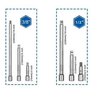 3 Piece Ratchet Extension Bar Set, Chrome Vanadium Steel, Durable Socket Extenders, Fits 1/2 Inch & 3/8 Inch Square Drive, Sizes: 3", 6", 10"