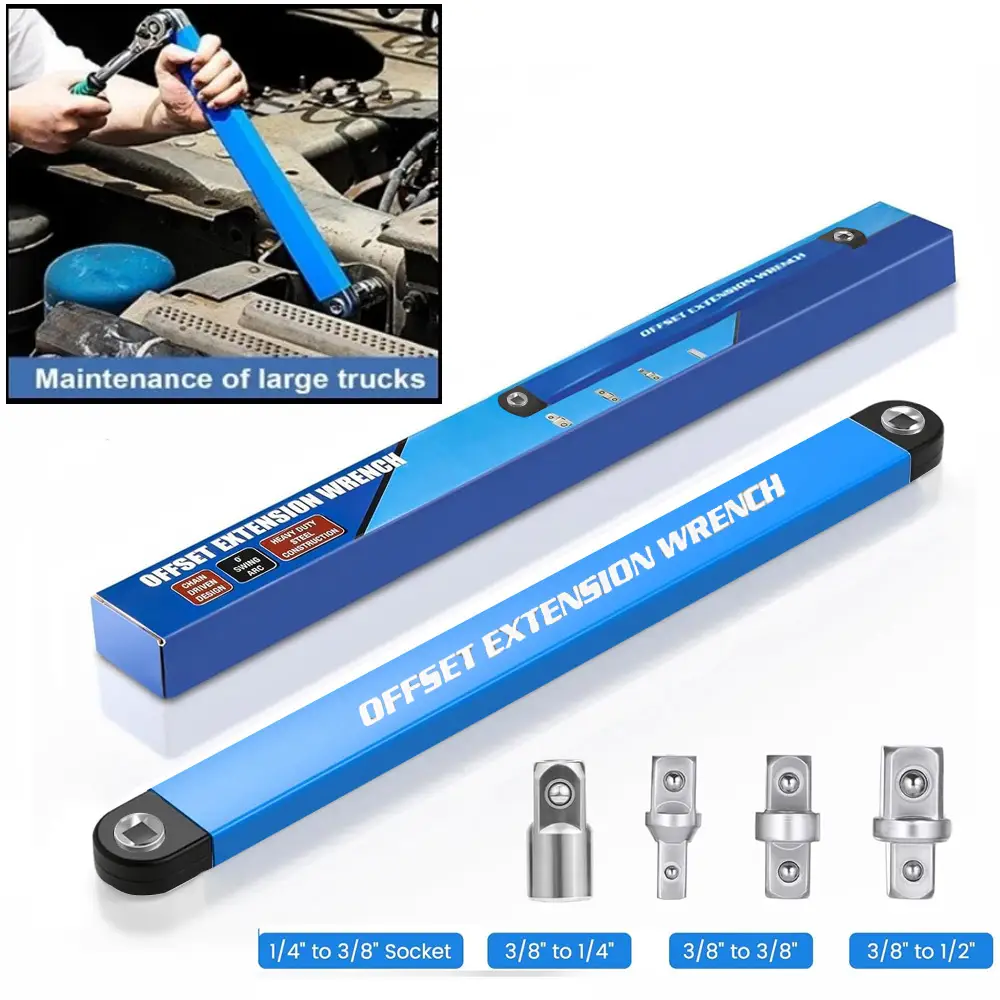 Offset Extension Wrench Set - Includes 1/2", 1/4" & 3/8" Impact-Grade Square Drive Adapters for Hard-to-Reach Fasteners in Tight Spaces (3-Piece Set)