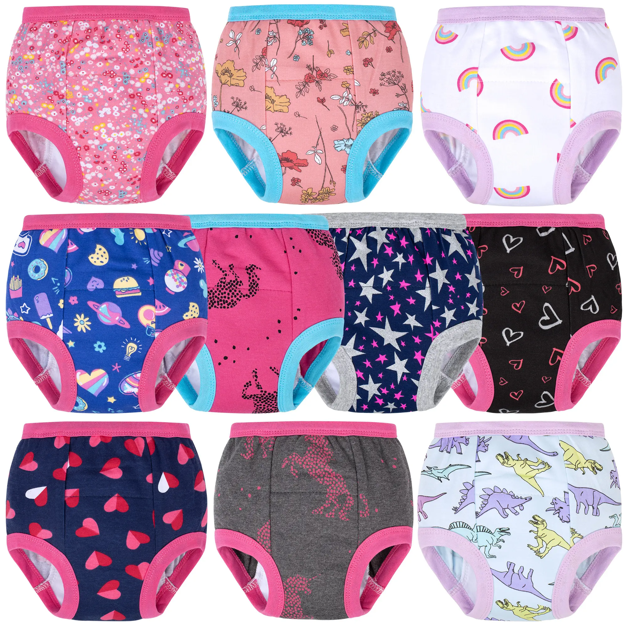 10‑Pack Toddler Girls Potty Training Pants, 100% Cotton Reusable Daytime Underwear, Limited Absorbency Only for Minor Spills, Elastic Waist, Cute Assorted Prints, Sizes 1T‑9Y