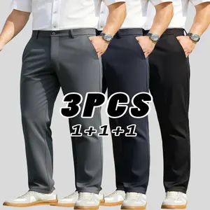 3pcs Men's High-Elasticity Wrinkle-Resistant Dress Pants Set - High-Waisted Business Casual & Formal Attire with Zipper Closure, Solid Color All-Season Trousers, Durable Stretch Fabric Machine Washable, Semi-Formal & Casual Attire - Versati