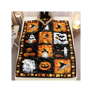 Halloween Patchwork Throw Blanket with Cute Ghosts, Jack - O' - Lanterns, Bats & Witchy Accents