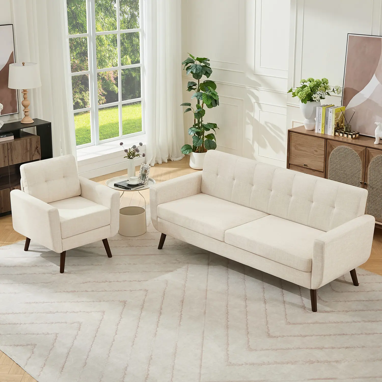 Tbfit Mid Century 2-Piece Compact Cushion Sofa Set – Beige Linen Couch & Accent Chair, Button Tufted, 4-Leg Solid Wood Legs, Durable for Small Spaces, 2-Piece Sofa Sets, Compact Sofa Sets