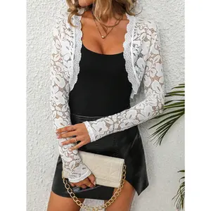 White Lace Long Sleeve Cropped Shrug |   Sheer Floral Mesh Bolero for Dresses  . Elegant White Sheer Lace Cardigan |   Open Front Cropped Bolero for Evening Outfits   Floral Lace Long Sleeve Shrug |   White Mesh Cover Up for Cocktail & Party Dresses   Whi