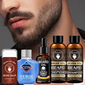 ROZINO Mens Aged Bourbon Beard Set - Five Full-Sized Grooming Essentials for Complete Routine - Beard & Face Wash, Lotion, Hydrating Oil, Butter, Comb - Comprehensive Care Solution - After Shave Serum